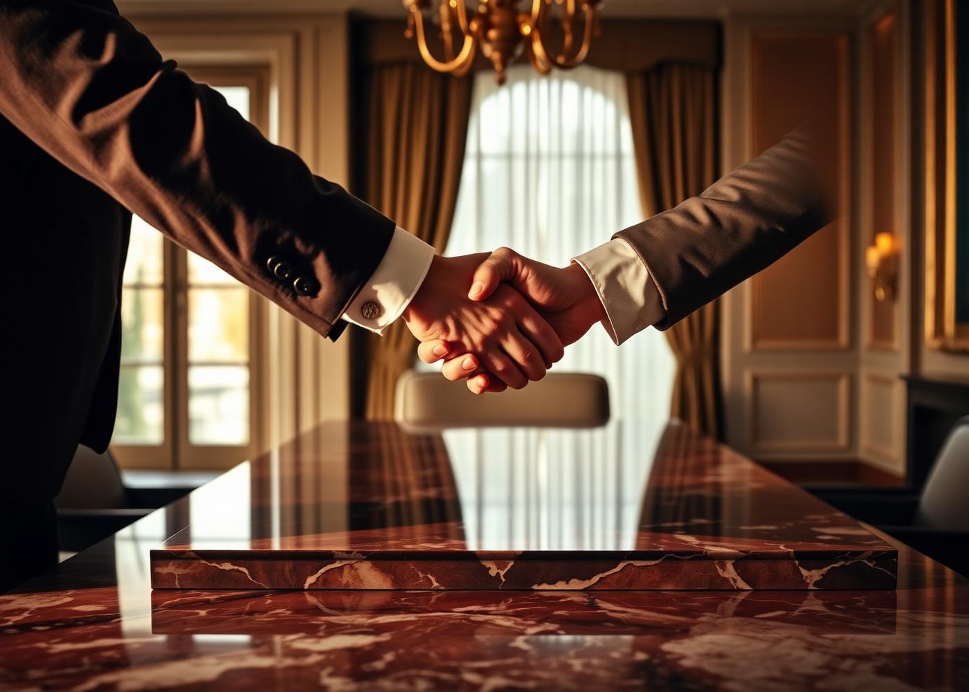 Handshake across a marble table